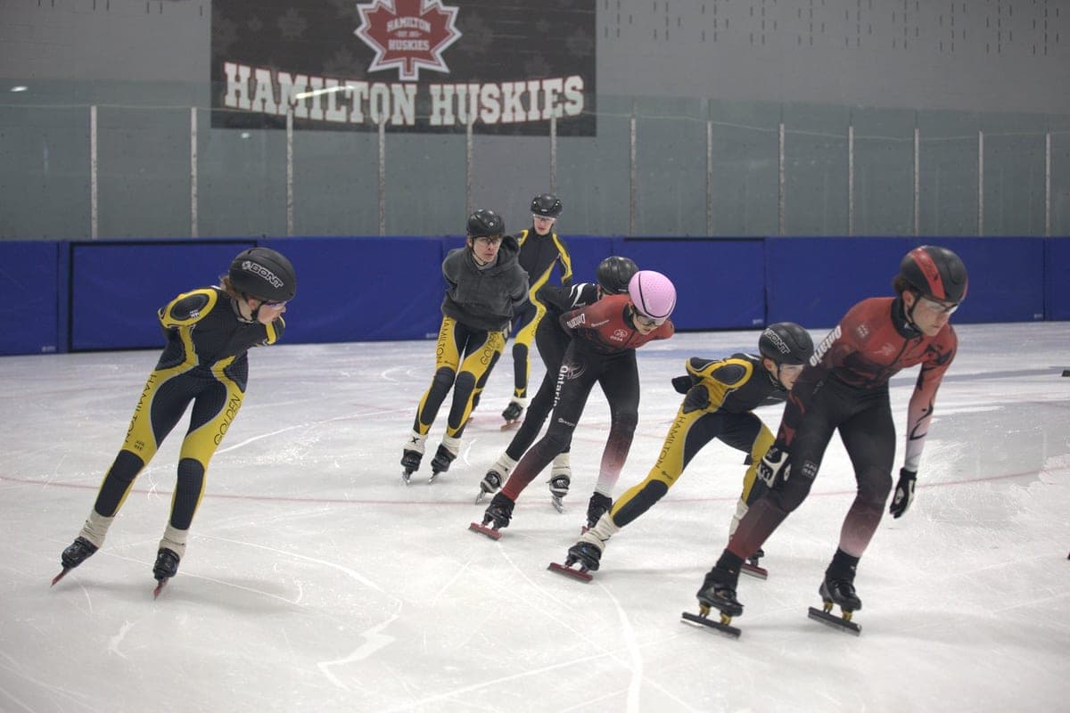 Six Hamilton speed skaters in a competitive pace line, club banner visible above.